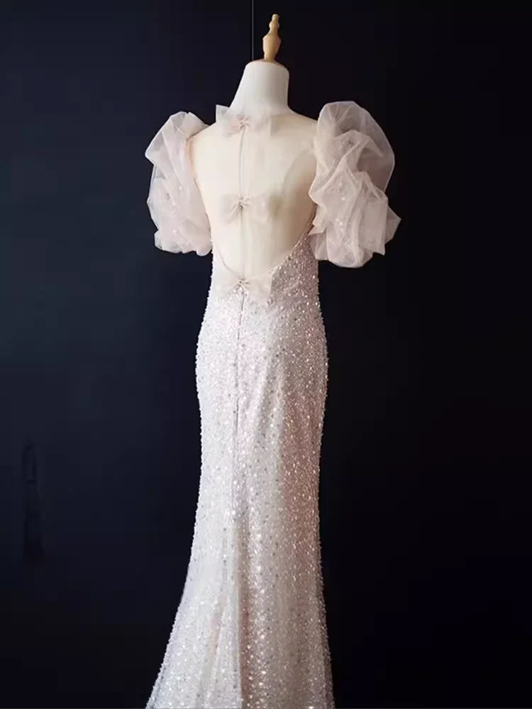 Square Neck Sparkly Mermaid Sleeveless Sequin Light Pink Long Prom Dress