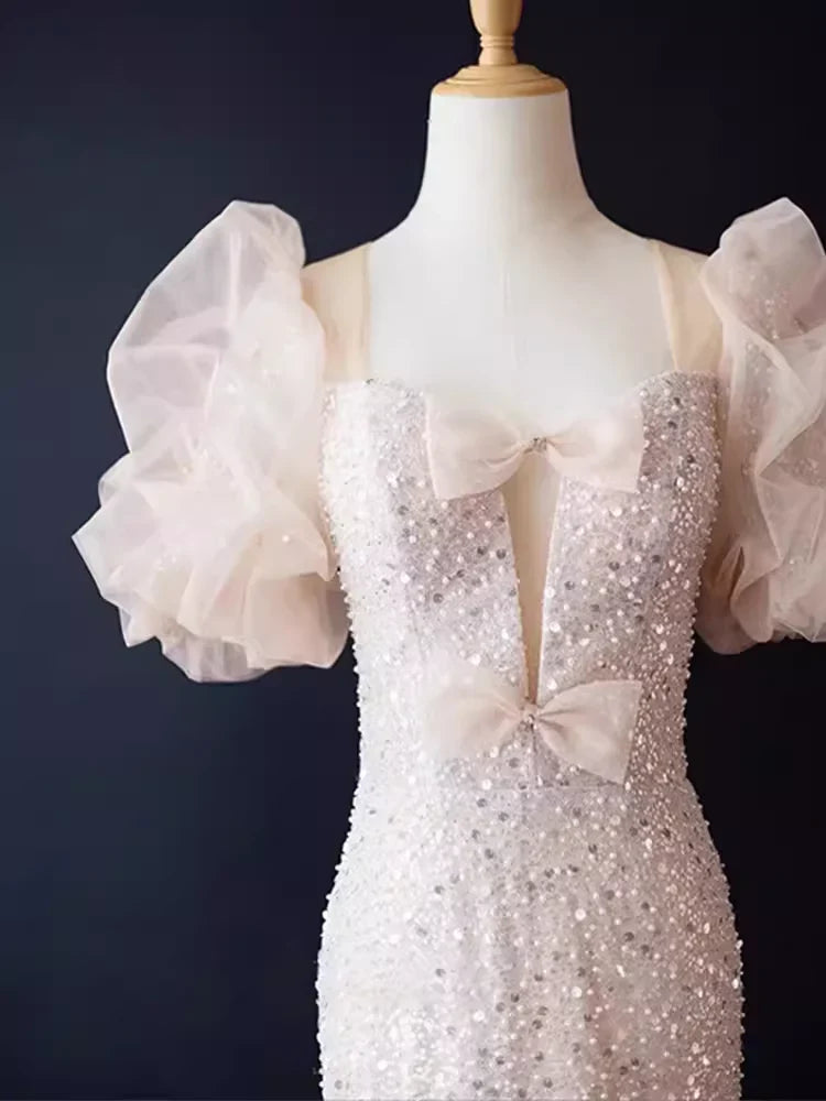 Square Neck Sparkly Mermaid Sleeveless Sequin Light Pink Long Prom Dress