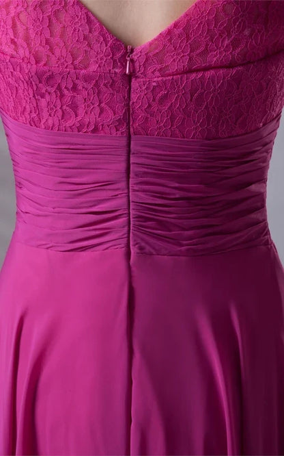 Square Neck V-Neck Caped-Sleeve Floor-Length Lace Dress With Draping/Formal Wear Dresses