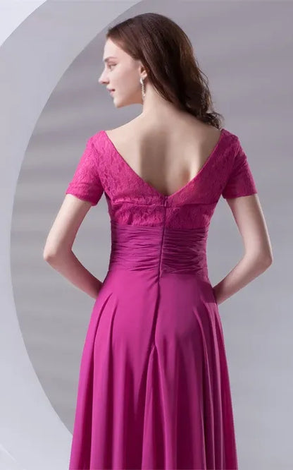 Square Neck V-Neck Caped-Sleeve Floor-Length Lace Dress With Draping/Formal Wear Dresses