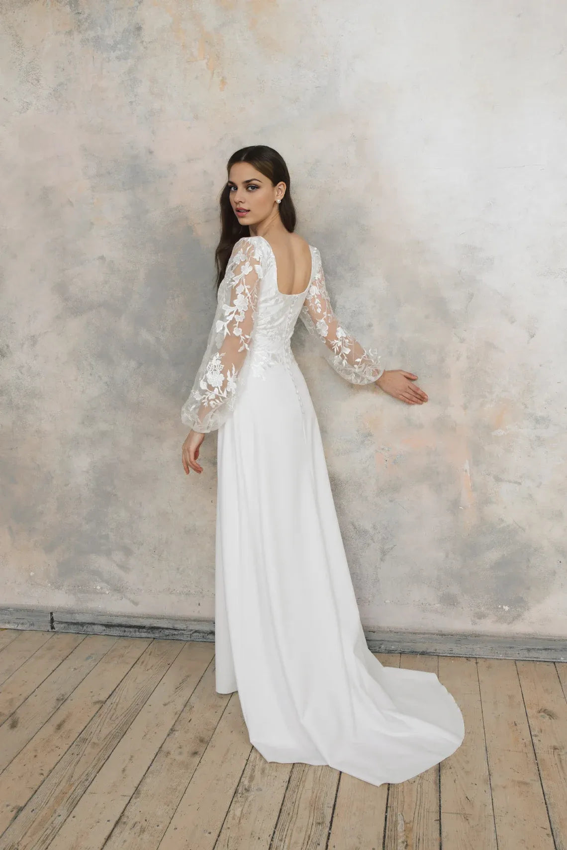 Square Neck Wedding Dress With Puff Long Sleeves Flower Lace A Line Wedding Dress Floor Length With Train