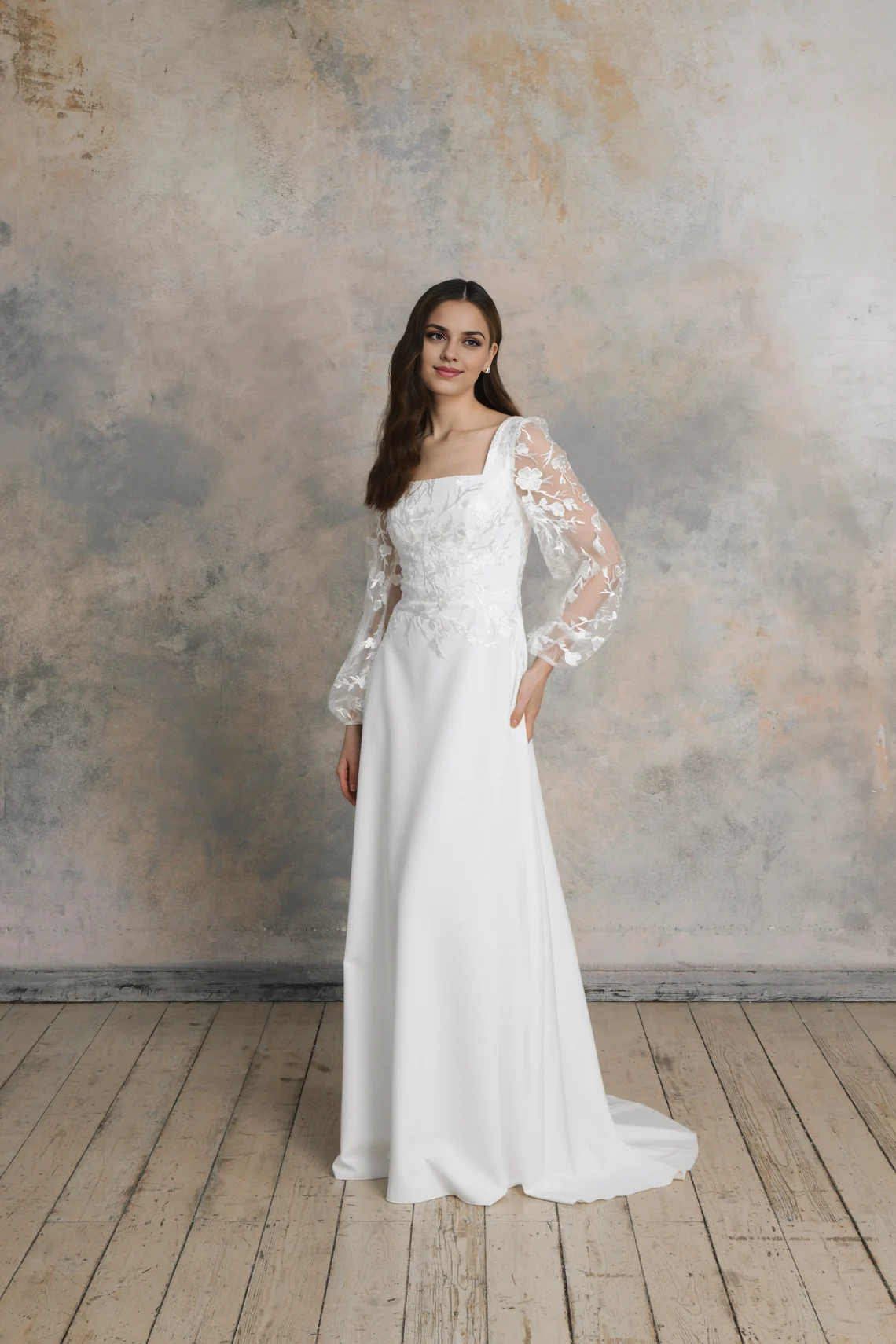 Square Neck Wedding Dress With Puff Long Sleeves Flower Lace A Line Wedding Dress Floor Length With Train