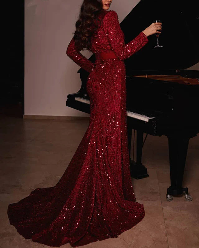 Square Neck Long Sleeves Mermaid Sequins Split Prom Dress