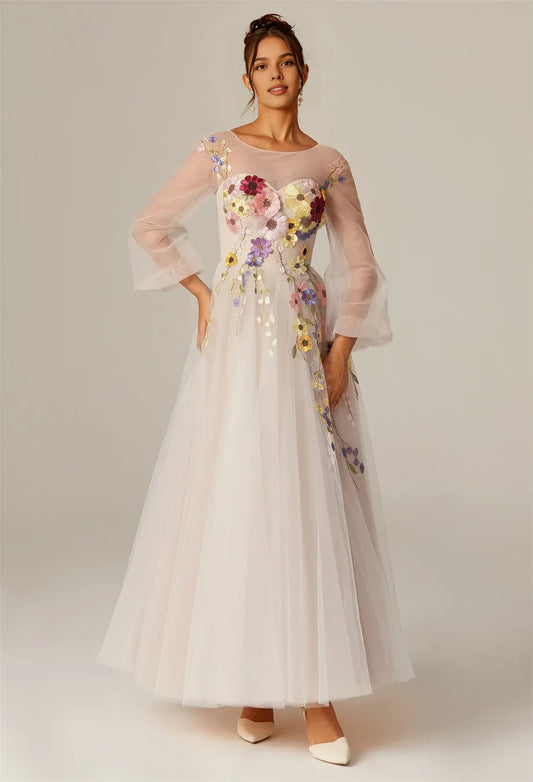 Steaming A-line U-Neck Ankle Length Long Sleeves Prom Dresses Tulle Affordable A-Line Evening Dresses For Women