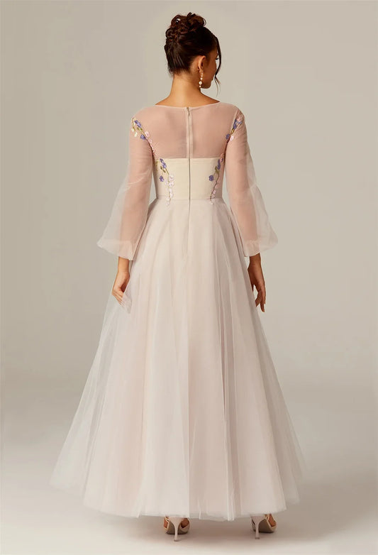 Steaming A-line U-Neck Ankle Length Long Sleeves Prom Dresses Tulle Affordable A-Line Evening Dresses For Women