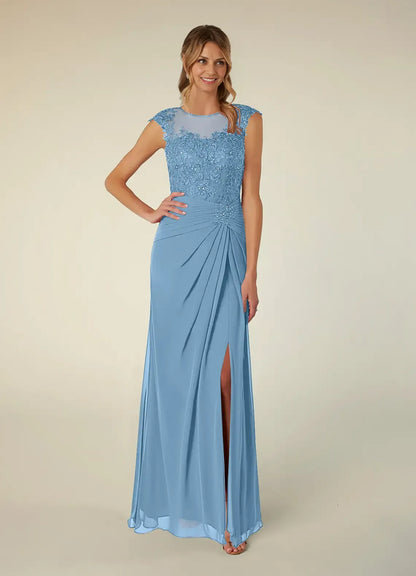 Dress Black A-Line Scoop Neck Sequins Chiffon Mother of the Groom Dresses Elegant Illusion Cap Sleeves Leg Slit Evening Dress