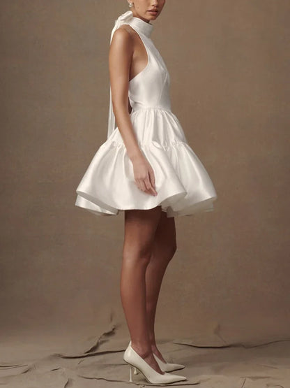 Stores With Prom Dresses Satin Halter Neckline A-line Draped Sleeveless Mini Dress Prom Dress Formal Wear Dresses