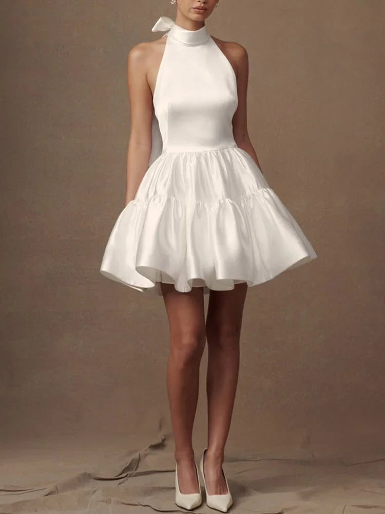 Stores With Prom Dresses Satin Halter Neckline A-line Draped Sleeveless Mini Dress Prom Dress Formal Wear Dresses