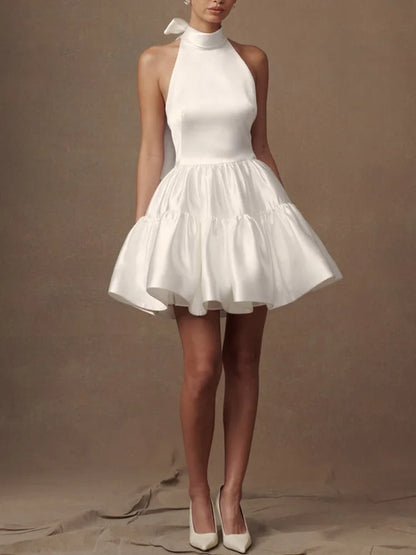 Stores With Prom Dresses Satin Halter Neckline A-line Draped Sleeveless Mini Dress Prom Dress Formal Wear Dresses