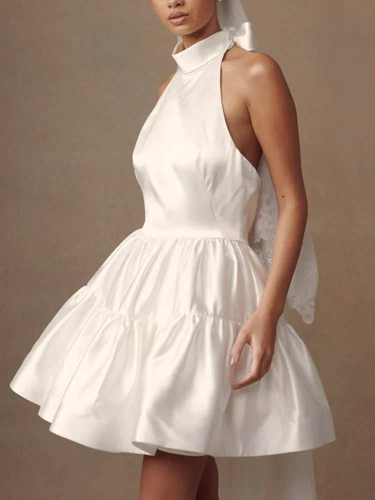 Stores With Prom Dresses Satin Halter Neckline A-line Draped Sleeveless Mini Dress Prom Dress Formal Wear Dresses