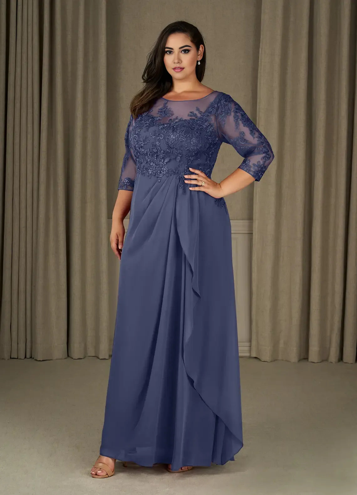 Dress Champagne A-Line Scoop Chiffon Mother Of The Bride Evening Dress Elegant Ruffle Three-Quarter Sleeve V Back Plus Size Mother Of The Bride Dress