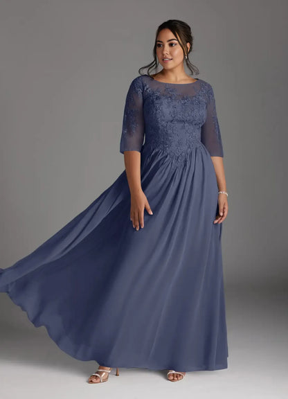 Dress Plum Scoop Lace Chiffon A-Line Mother Of The Bride Evening Dress Fashion Three-Quarter Sleeve Back Zip Plus Size Mother Of The Groom Dresses