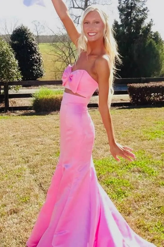 Strapless Bow Cutout Satin Mermaid Prom Dress