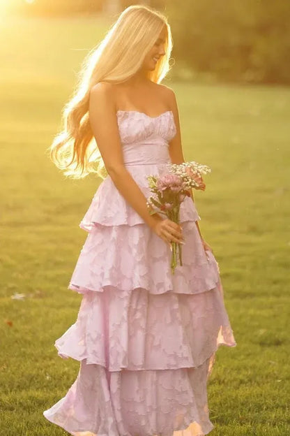 Strapless Sweetheart Tiered Ruffle Maxi Bridesmaid Dress