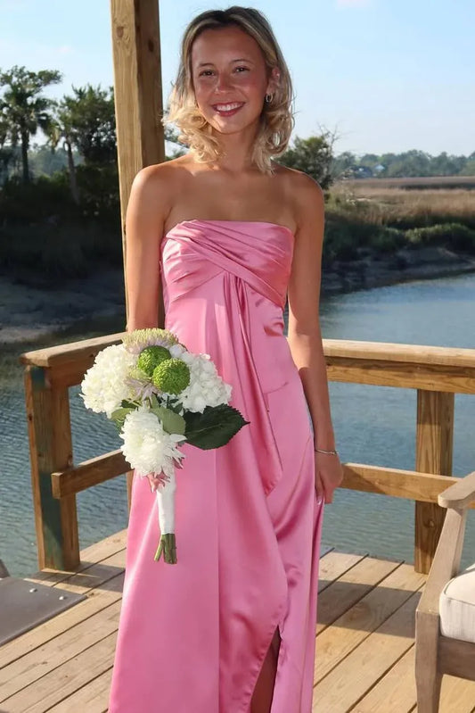 Strapless Twist Front Satin High Slit Bridesmaid Maxi Dress