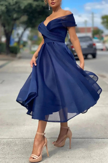 Strapless A-line Tulle Off The Shoulder Tea-Length Prom Dress
