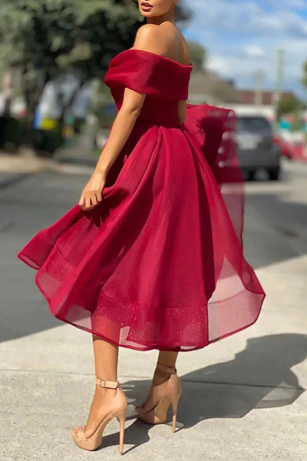Strapless A-line Tulle Off The Shoulder Tea-Length Prom Dress