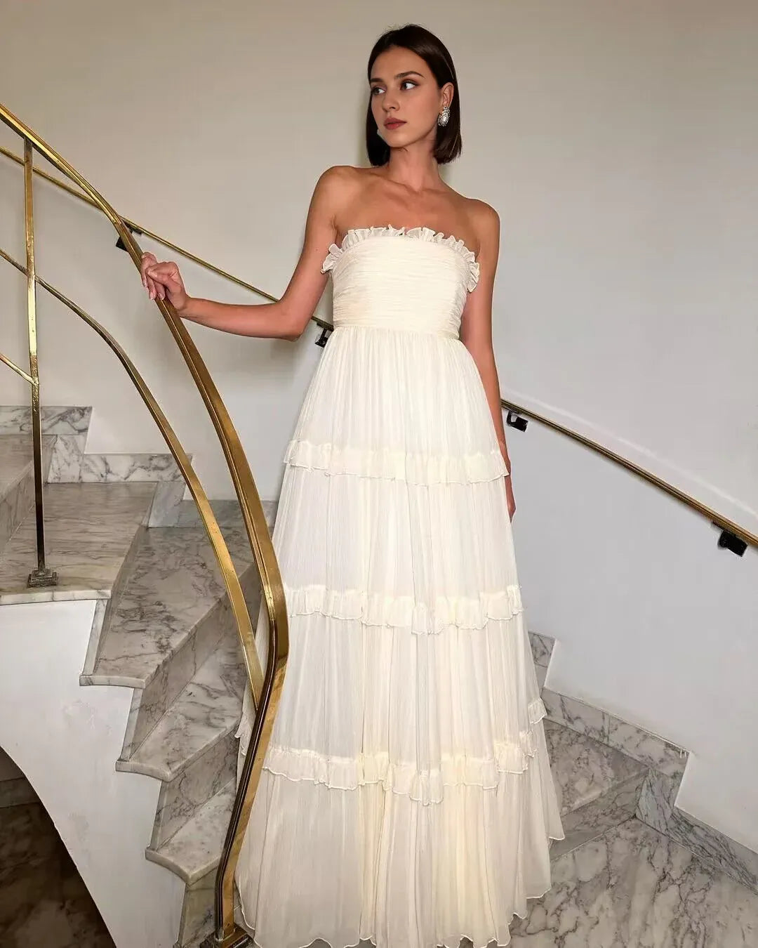 Formal Women's Dresses Strapless Beige A Line Long Chiffon Prom Dress Prom Dresses Stores