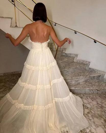 Formal Women's Dresses Strapless Beige A Line Long Chiffon Prom Dress Prom Dresses Stores