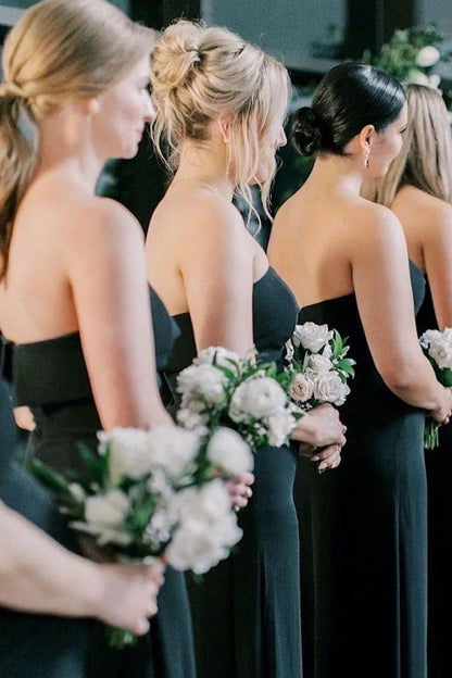 Strapless Black Chiffon Long Bridesmaid Dress with Slit/Formal Women's Dresses