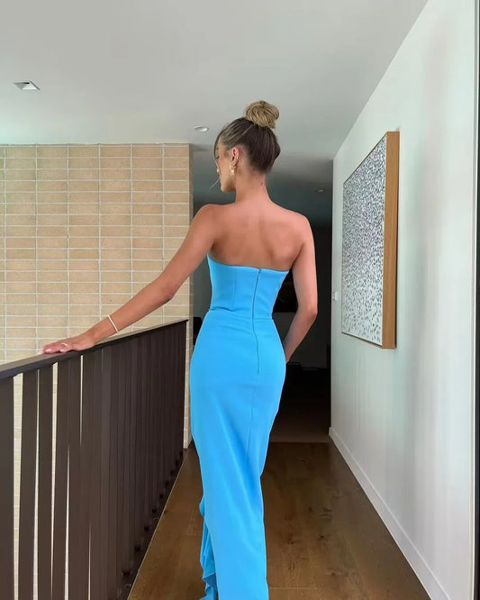 Formal Women's Dresses Strapless Blue Sheath Ruffled Prom Dress Prom Dresses Stores
