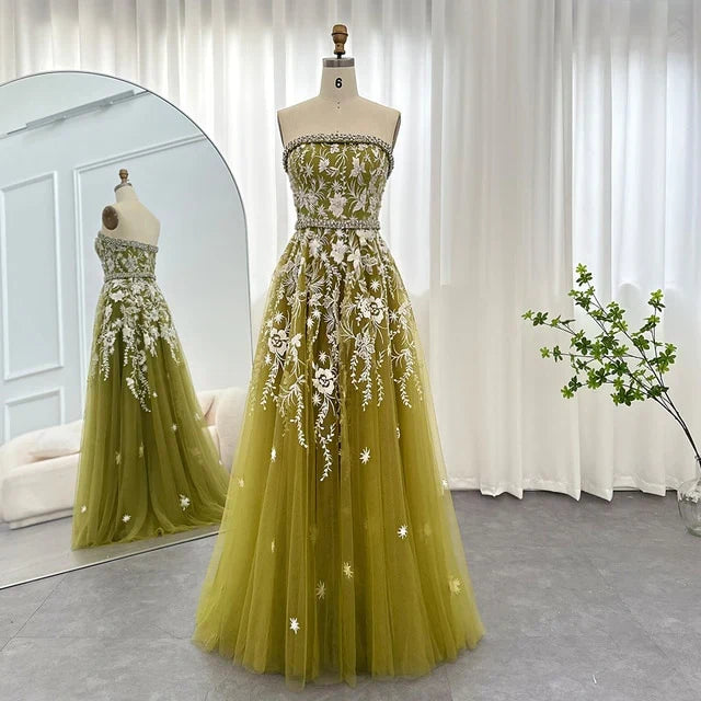 Formal Women's Dresses Olive Green Elegant Strapless Evening Dress Formal Prom Gowns with Beading Prom Clothing