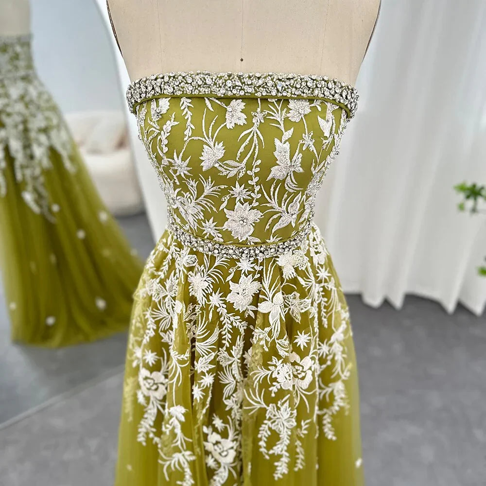 Formal Women's Dresses Olive Green Elegant Strapless Evening Dress Formal Prom Gowns with Beading Prom Clothing