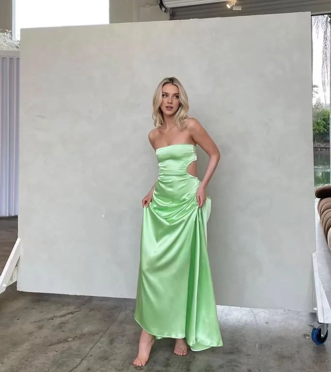 Formal Women's Dresses Strapless Green A Line Long Prom Dresses Prom Dresses Stores