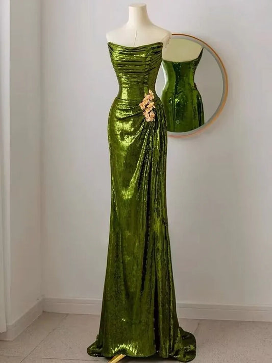 Formal Women's Dresses Strapless Green Mermaid Long Prom Dress With Slit Prom Dresses Stores