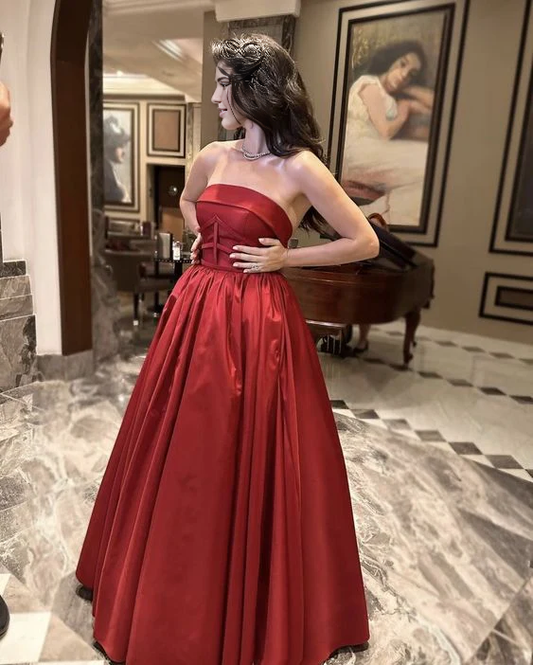 Formal Women's Dresses Red A-Line Strapless Long Prom Dress Evening Gown Prom Clothing