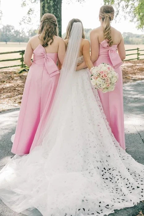 Strapless Pink A-Line Bridesmaid Dresses with Bow/Formal Women's Dresses