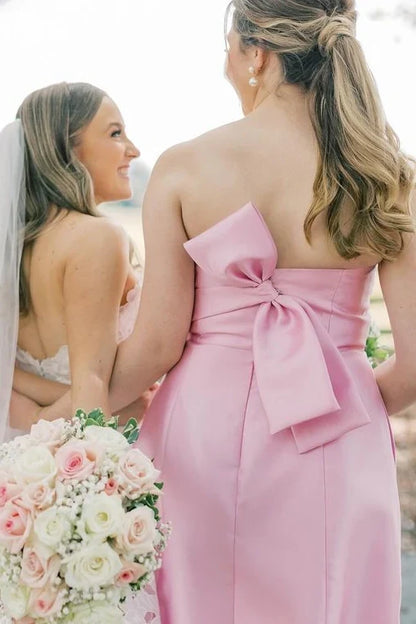Strapless Pink A-Line Bridesmaid Dresses with Bow/Formal Women's Dresses