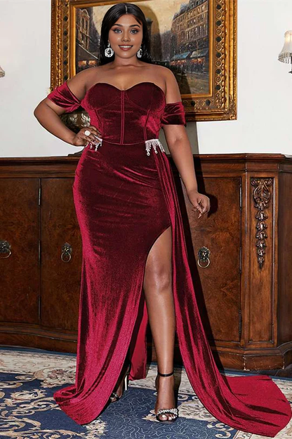 Strapless Plus Size Velvet Off-the-Shoulder Slit Long Dress with Attached Train