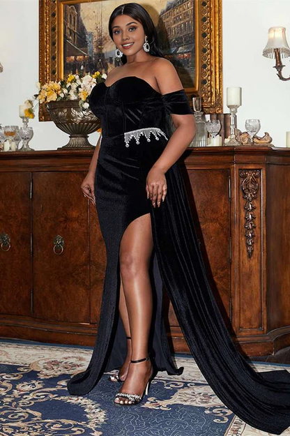 Strapless Plus Size Velvet Off-the-Shoulder Slit Long Dress with Attached Train