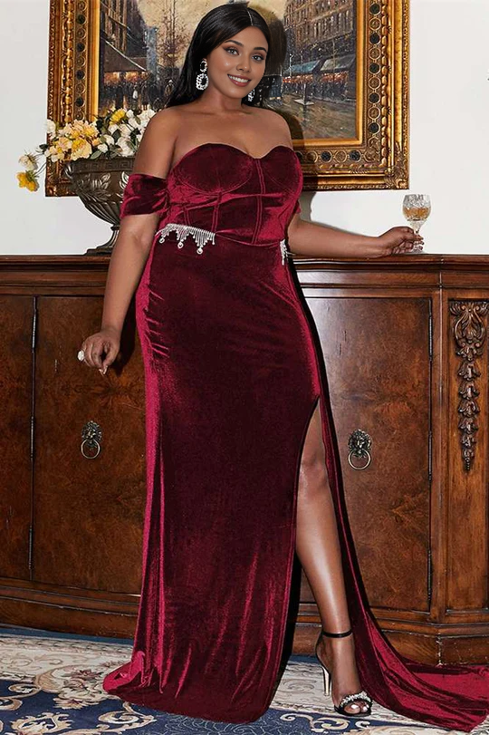 Strapless Plus Size Velvet Off-the-Shoulder Slit Long Dress with Attached Train
