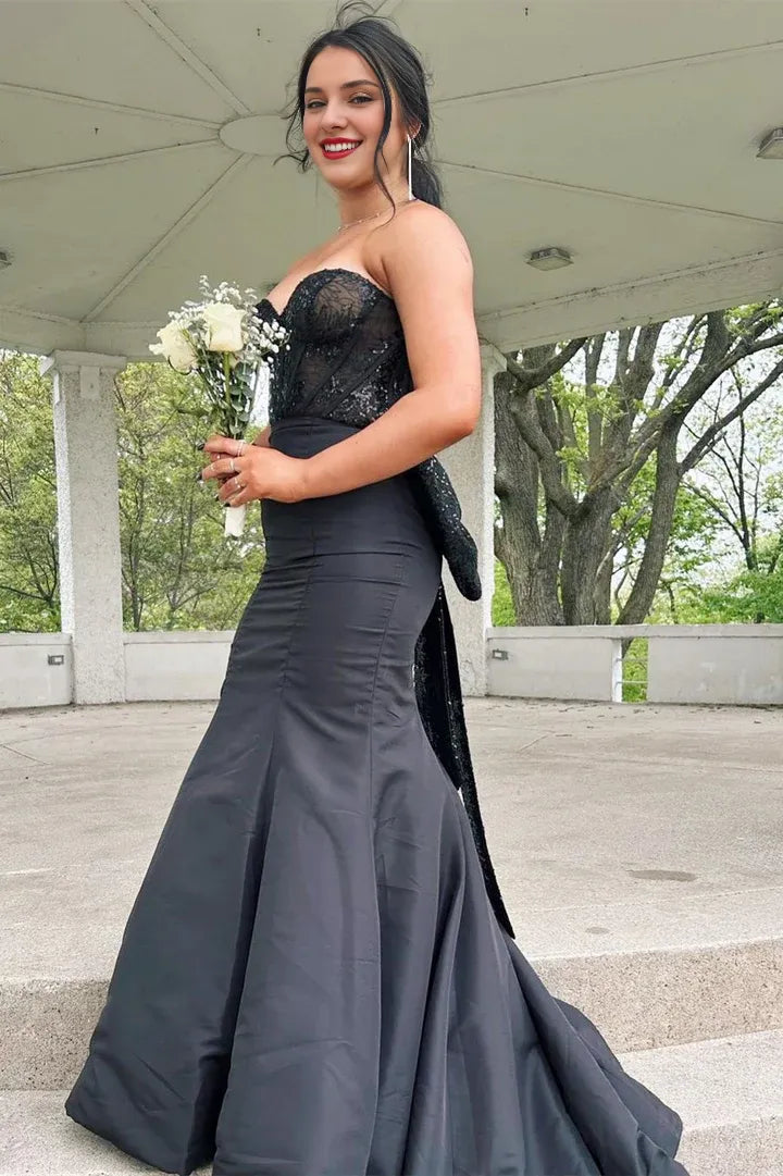 Strapless Sequin-Embroidery Sweetheart Bow-Back Trumpet Prom Dress Gown