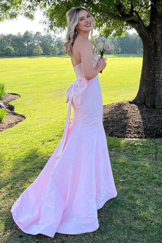Strapless Sequin-Embroidery Sweetheart Bow-Back Trumpet Prom Dress Gown