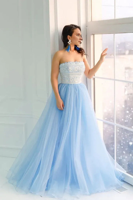 Prom Dresses Stores Princess Strapless Sky Blue Long Tulle A Line Prom Dress with White Lace Formal Women's Dresses