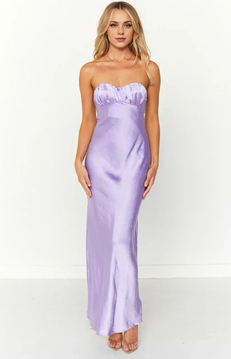 Strapless Sleeveless Satin Trendy Ankle-Length Prom Party Dresses Backless Pleats Hot Sale Long Evening Dresses No Slit