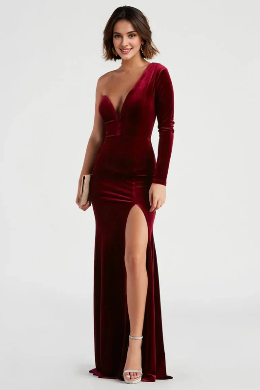 Strapless Velvet Floor Length Mermaid One-Shoulder Long Sleeves Evening Dress With Hight Slit