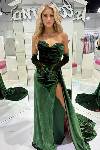 Formal Women's Dresses Emerald Green Sweetheart Strapless Velvet Long Prom Party Dress with Slit Prom Dress Stores
