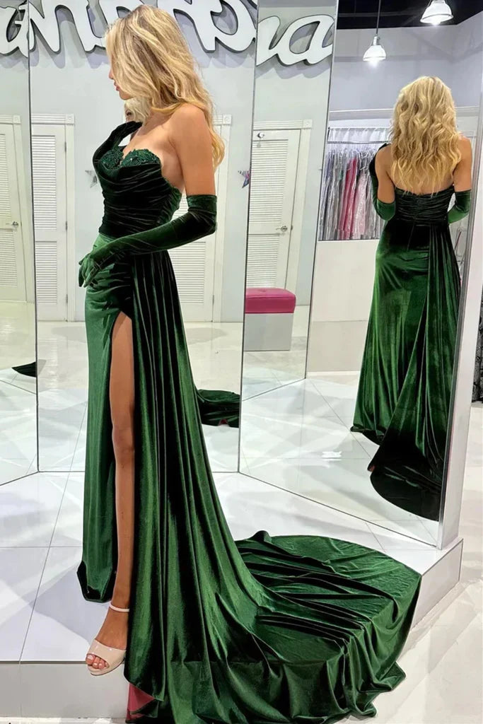 Formal Women's Dresses Emerald Green Sweetheart Strapless Velvet Long Prom Party Dress with Slit Prom Dress Stores