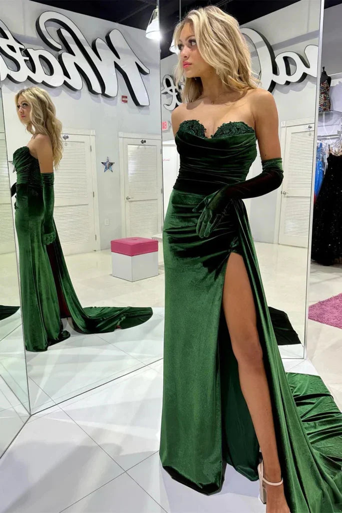 Formal Women's Dresses Emerald Green Sweetheart Strapless Velvet Long Prom Party Dress with Slit Prom Dress Stores