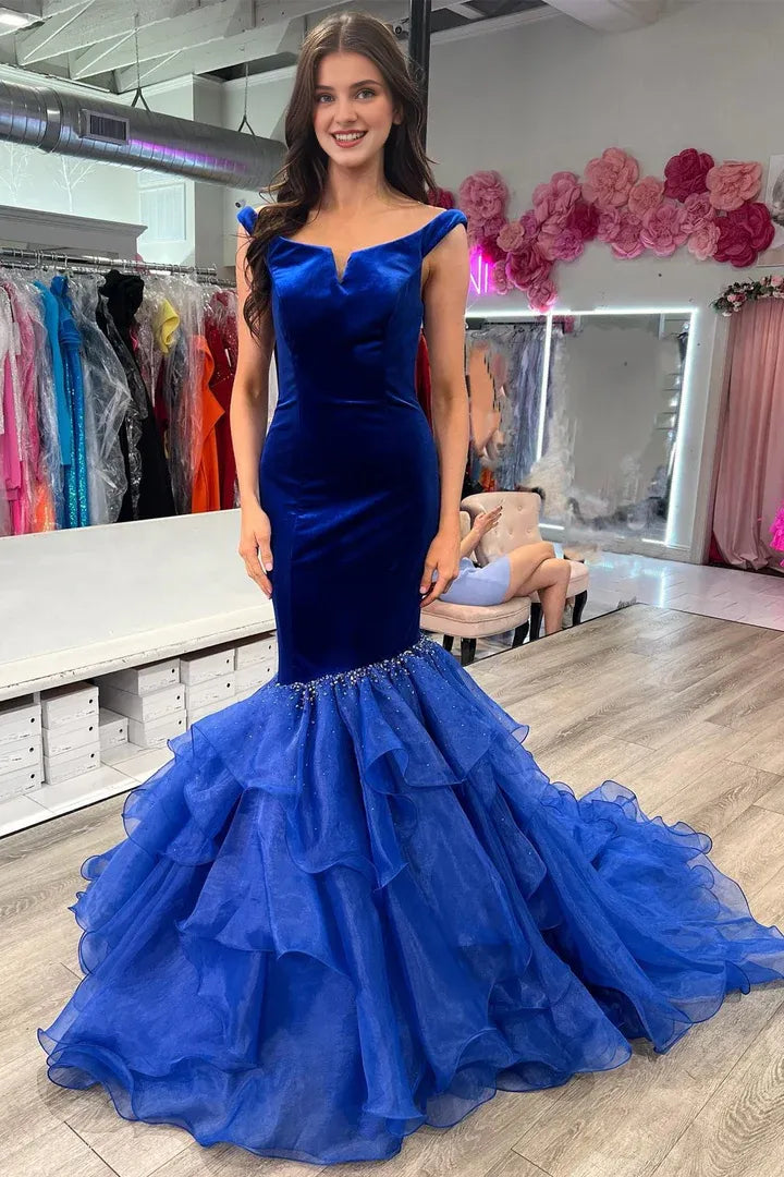 Strapless Velvet Off-the-Shoulder Multi-Layer Trumpet Formal Gown Prom Dress