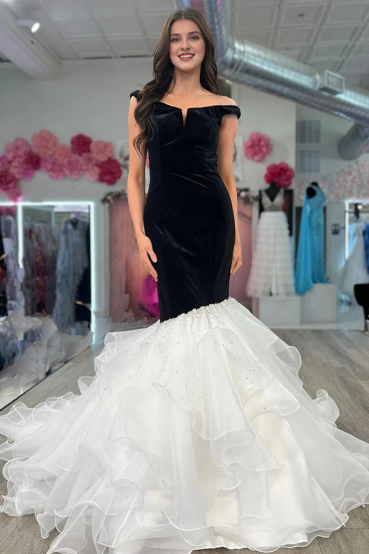 Strapless Velvet Off-the-Shoulder Multi-Layer Trumpet Formal Gown Prom Dress