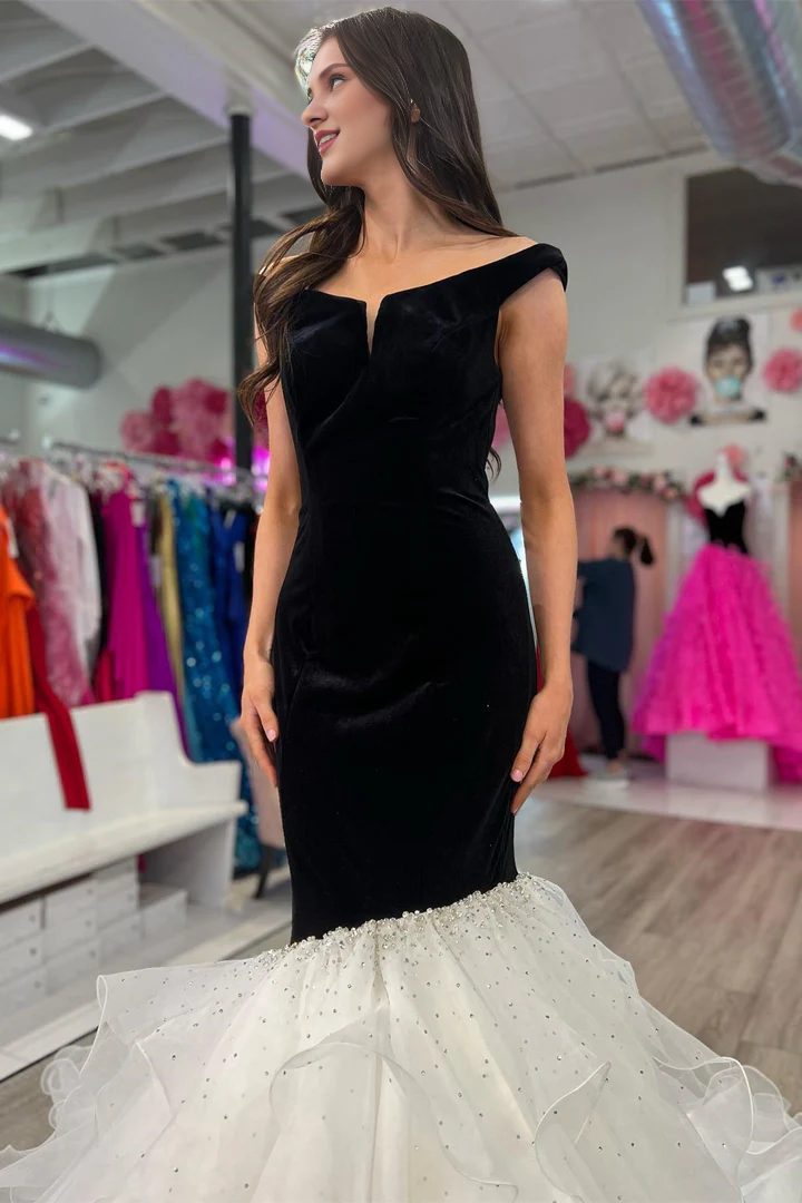 Strapless Velvet Off-the-Shoulder Multi-Layer Trumpet Formal Gown Prom Dress