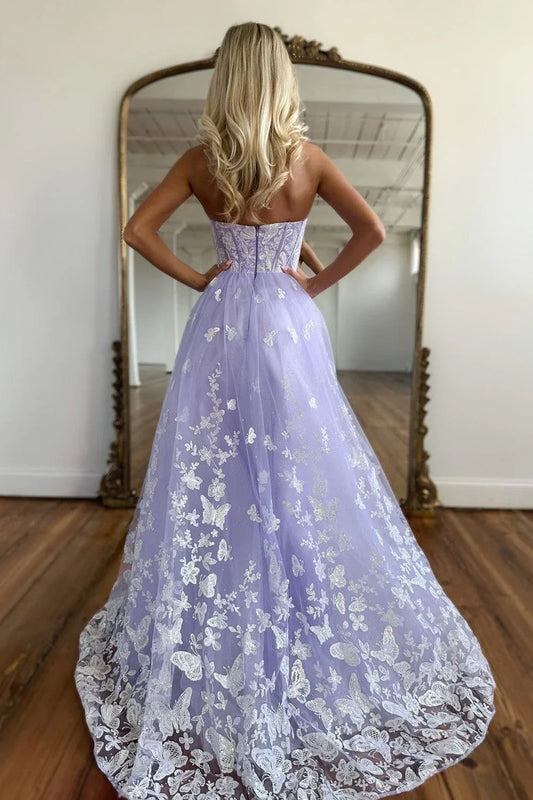 Strapless A-Line Sweetheart Zipper Back Long Tulle Prom Dress With Appliques
