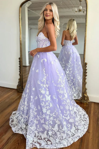Strapless A-Line Sweetheart Zipper Back Long Tulle Prom Dress With Appliques