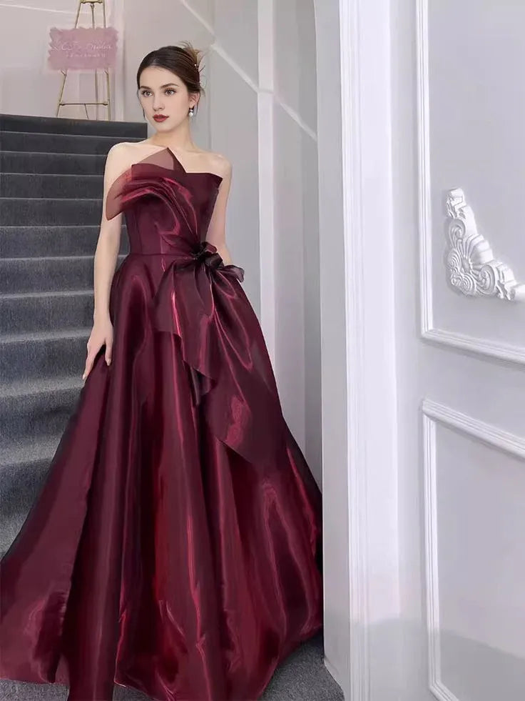 Off-the-Shoulder Floor Length Simple Ball Gown Strapless Burgundy Long Prom Dress