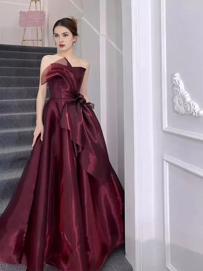Off-the-Shoulder Floor Length Simple Ball Gown Strapless Burgundy Long Prom Dress